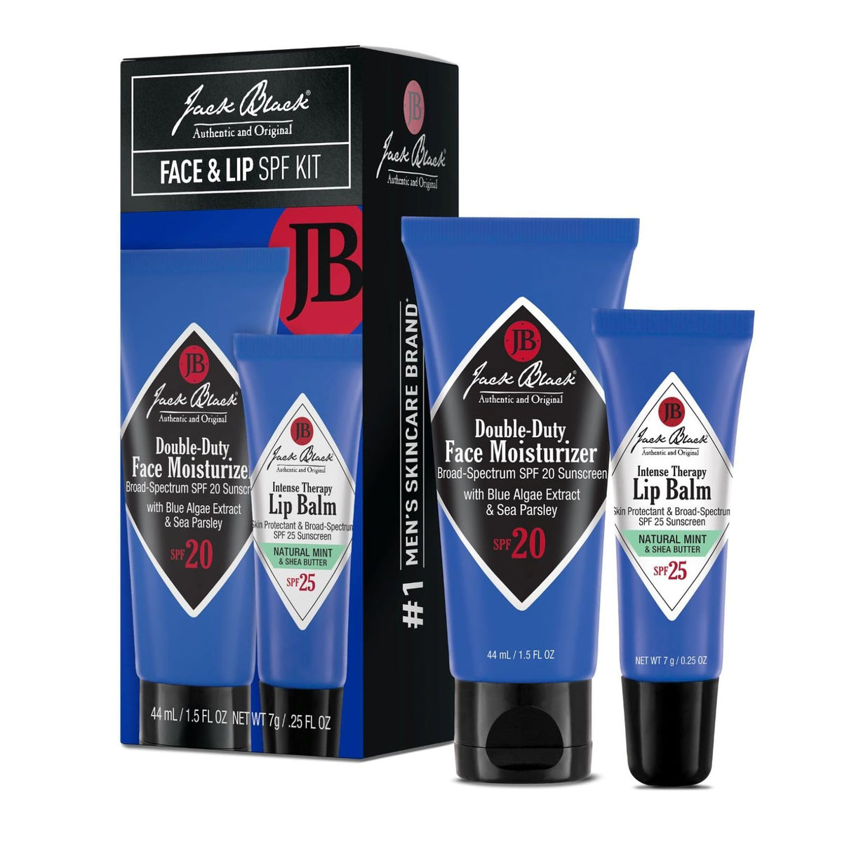 Jack Black Face & Lip Set front view with moisturizer and lip balm