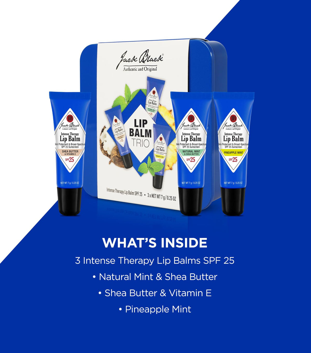 Jack Black Intense Therapy Lip Balm showing shea butter and avocado oil ingredients