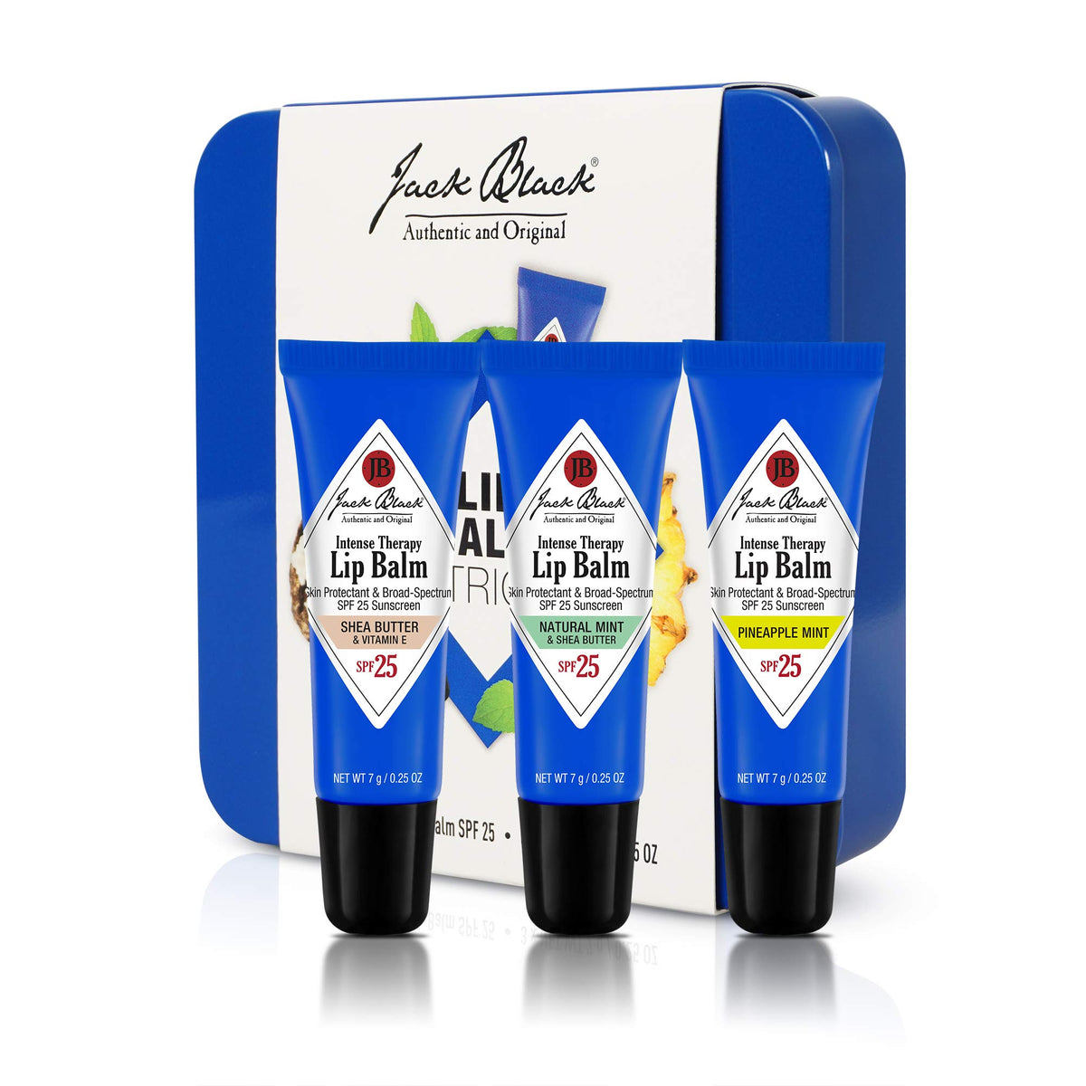 Jack Black Intense Therapy Lip Balm Trio SPF 25 front view in tin