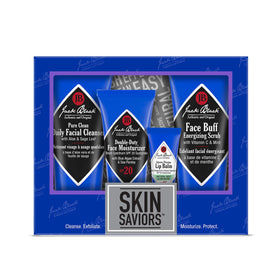 Jack Black Skin Saviors Set packaging with facial cleanser, scrub, moisturizer, and lip balm