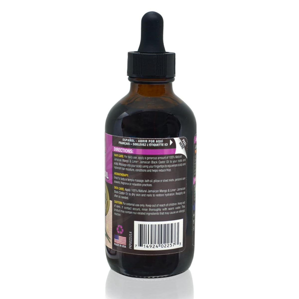 Jamaican Mango & Lime Black Castor Oil 4oz lavender bottle with cap open