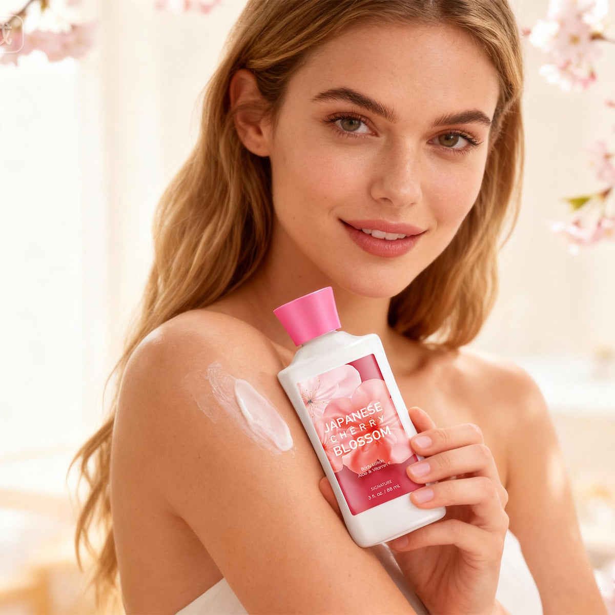 Japanese Cherry Blossom body lotion in a travel-size container