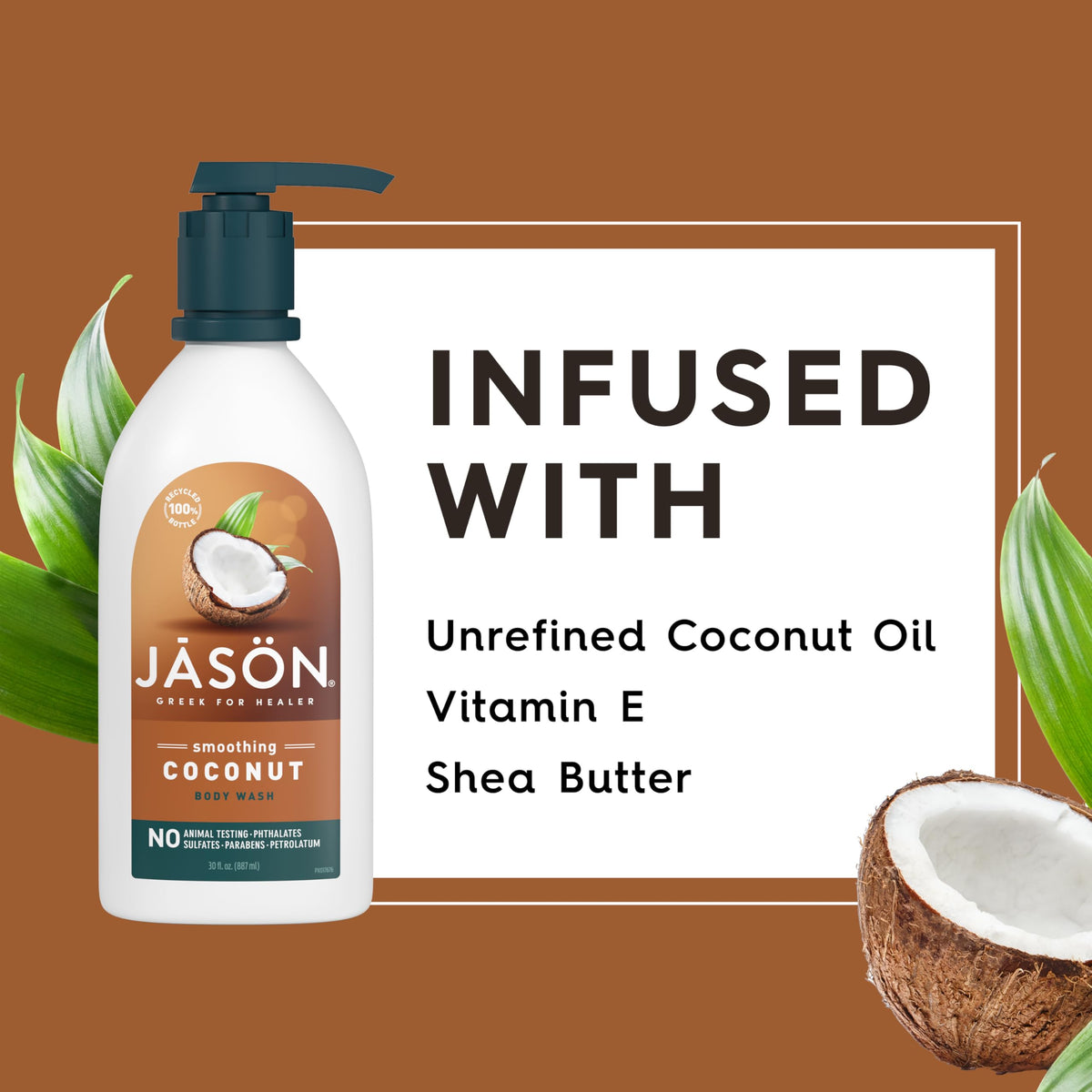 JASON Coconut Smoothing Body Wash in a bathroom setting