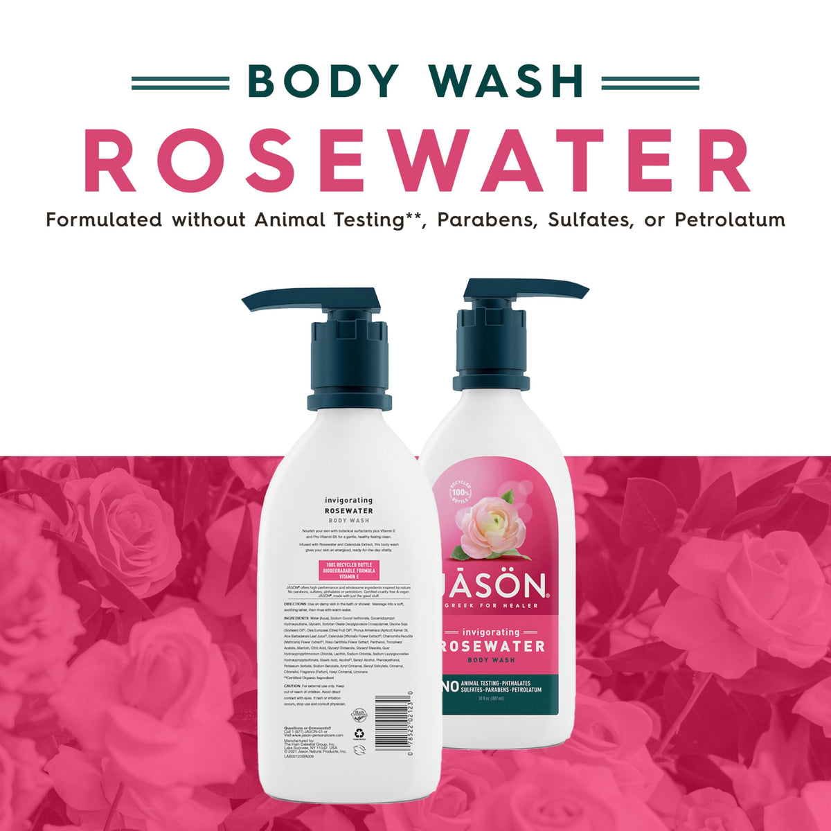 JASON Rosewater Body Wash bottle with rose petals background