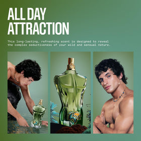 Jean Paul Gaultier Le Beau Paradise Garden Eau de Parfum displayed with tropical elements