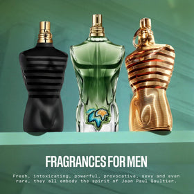 Jean Paul Gaultier Le Beau Paradise Garden Eau de Parfum with tropical background