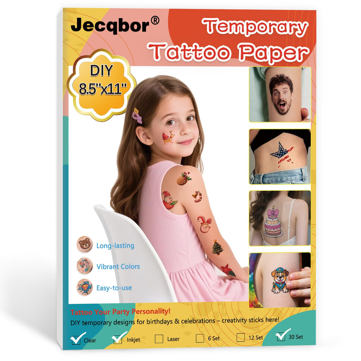 Jecqbor Printable Temporary Tattoo Paper front view with packaging