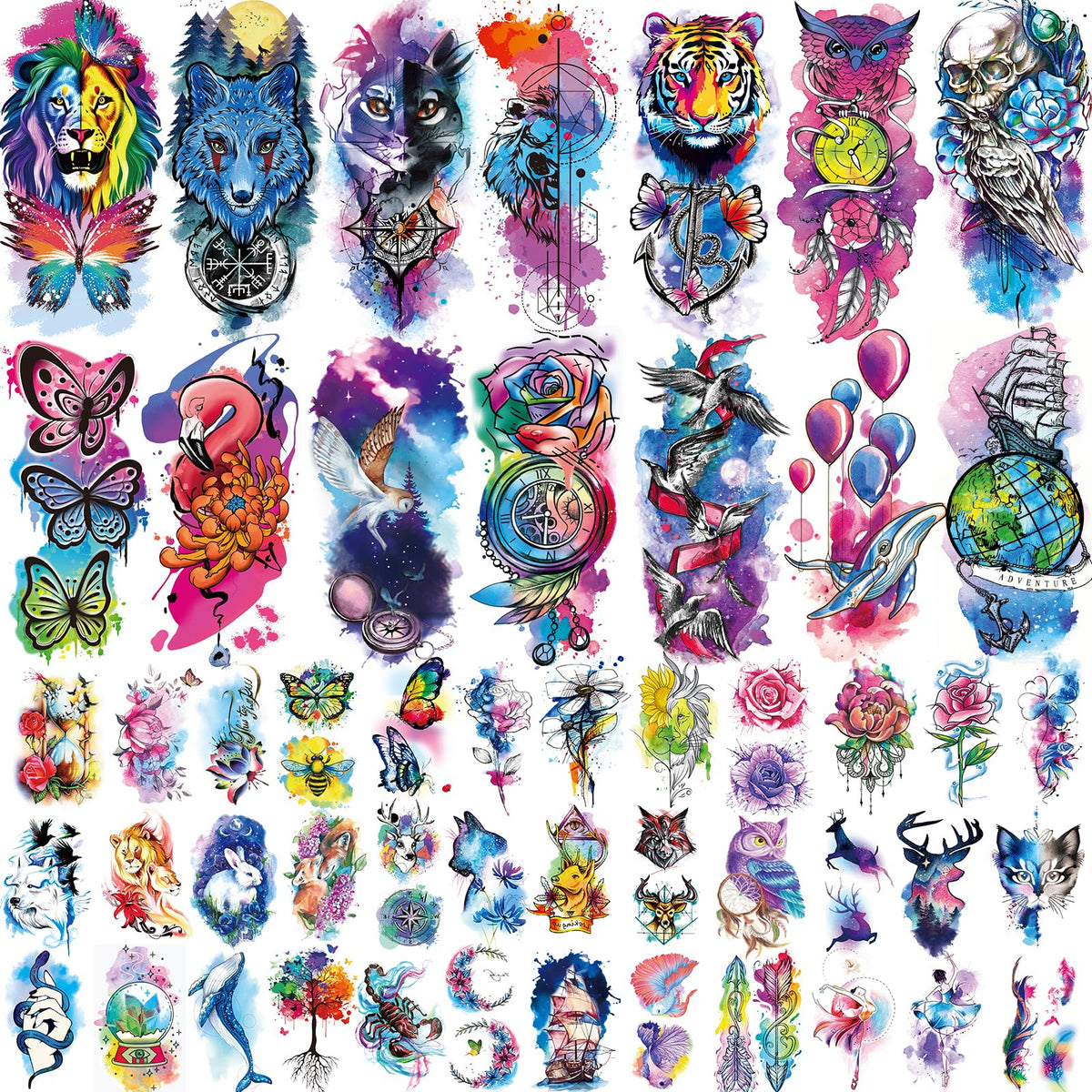 JEEFONNA 86 Sheets Temporary Tattoos front view with various designs