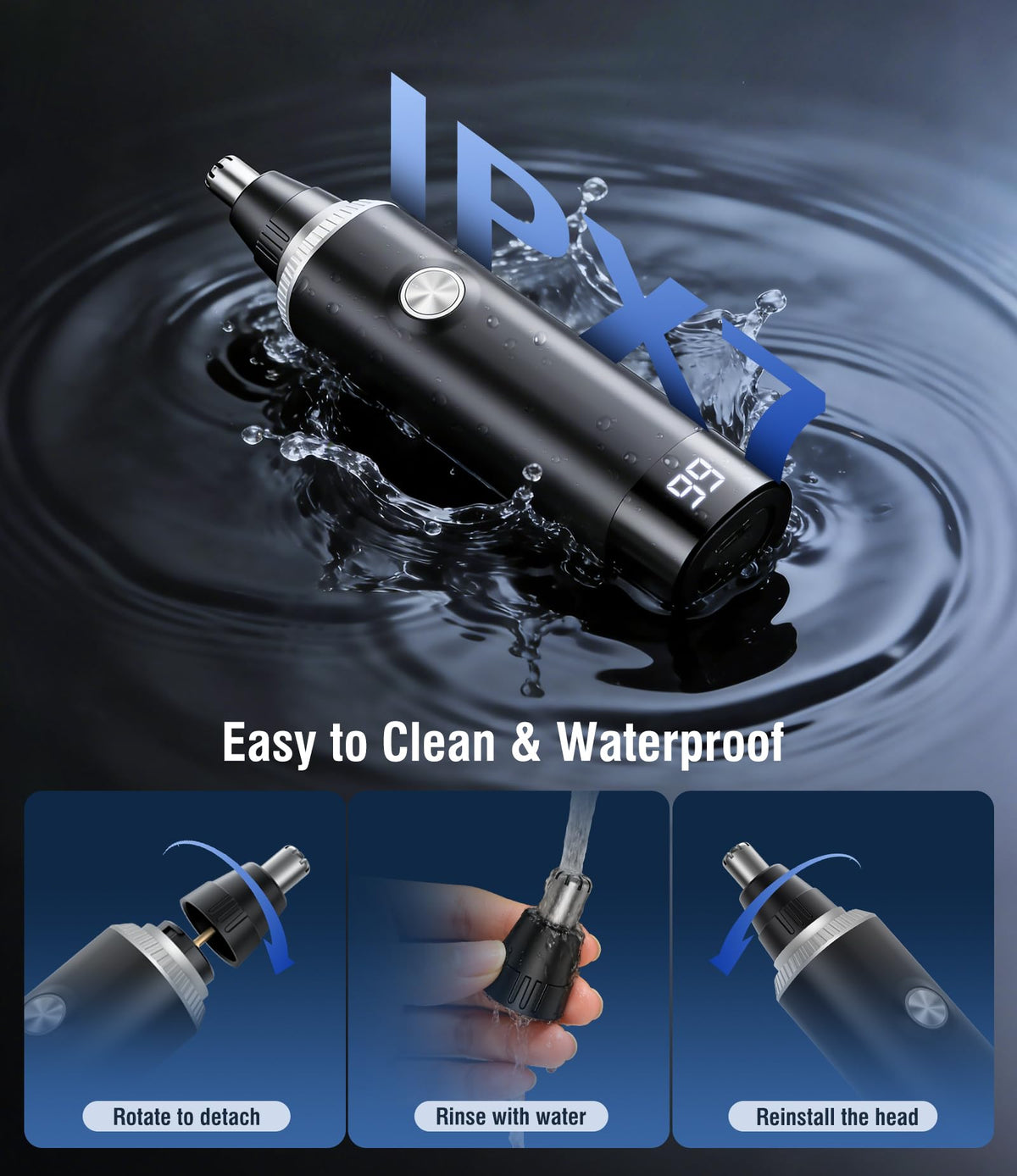 JEETIF Nose Hair Trimmer with digital battery indicator on handle