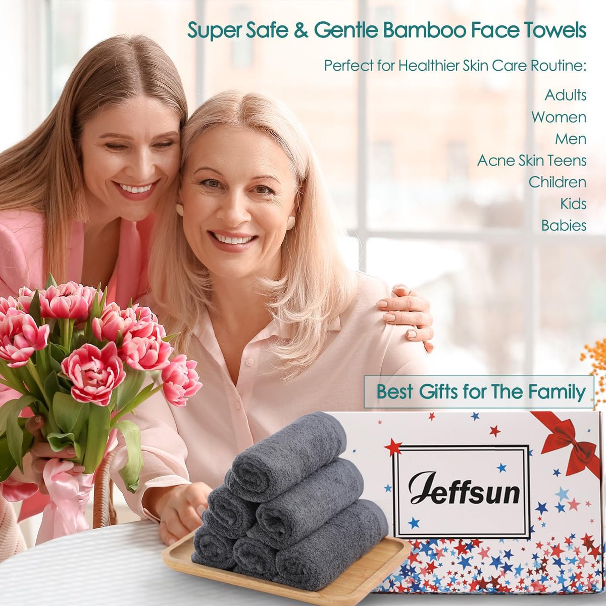 JEFFSUN face washcloths displayed in a bathroom setting