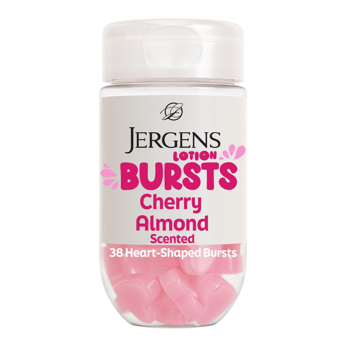 Jergens Cherry Almond Lotion Bursts front view with heart shapes