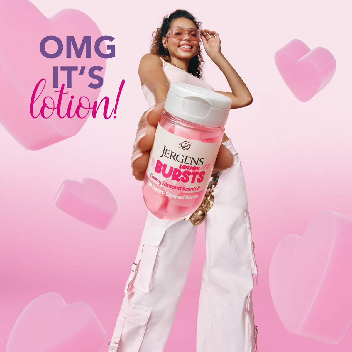 Jergens Cherry Almond Lotion Bursts in hand showing squishy texture