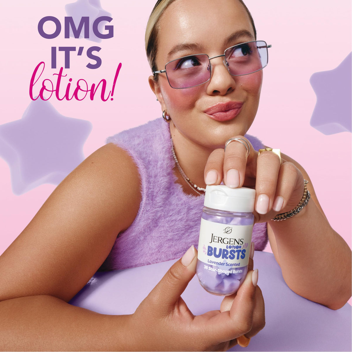 Jergens Lavender Lotion Bursts with lavender flowers background