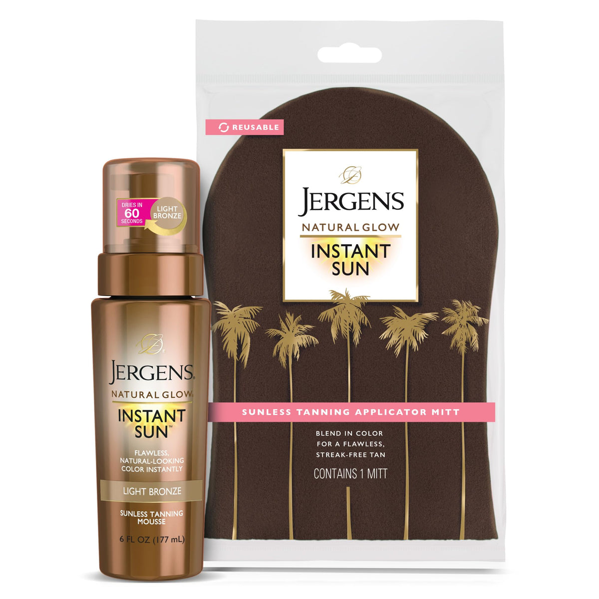 Jergens Natural Glow Instant Sun Bundle front view with mousse and mitt