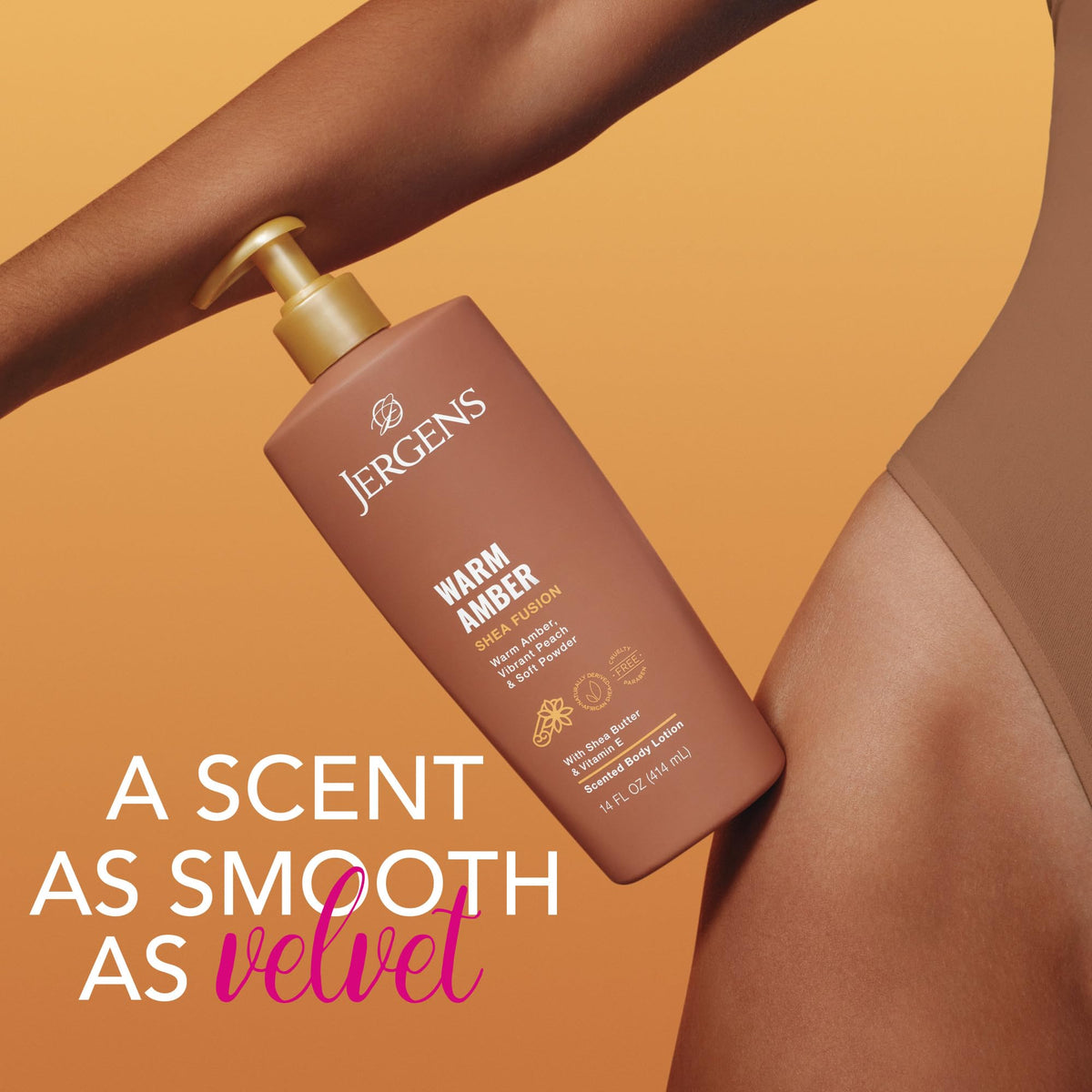 Jergens Shea Fusion Body Lotion Warm Amber with vibrant peach and warm amber scent