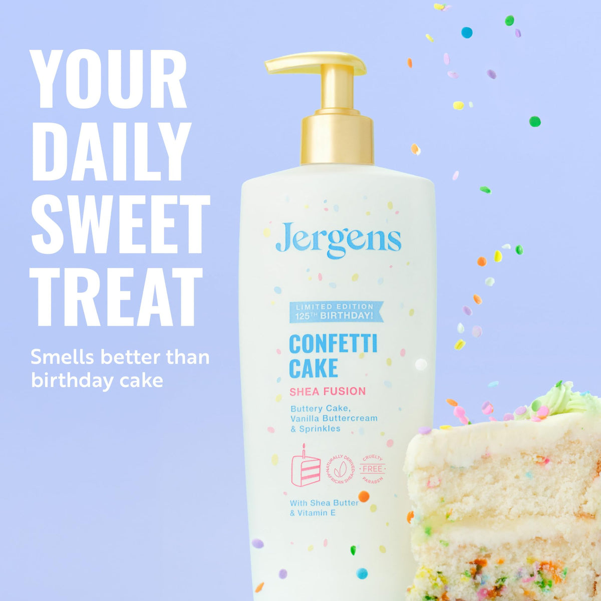 Jergens Shea Fusion Confetti Cake Body Lotion side view with packaging