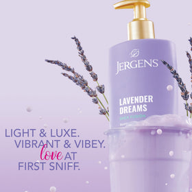 Jergens Shea Fusion Lavender Dreams Body Lotion on a wooden table