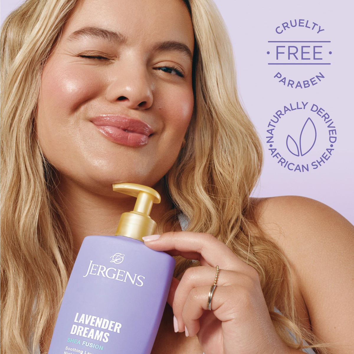 Jergens Shea Fusion Lavender Dreams Body Lotion with lavender flowers