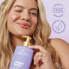 Jergens Shea Fusion Lavender Dreams Body Lotion with lavender flowers