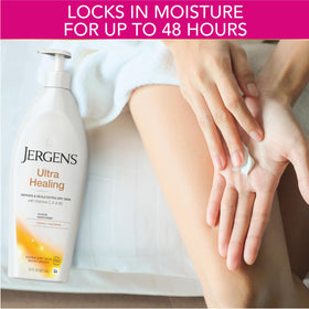 Jergens Ultra Healing Moisturizer on a bathroom counter