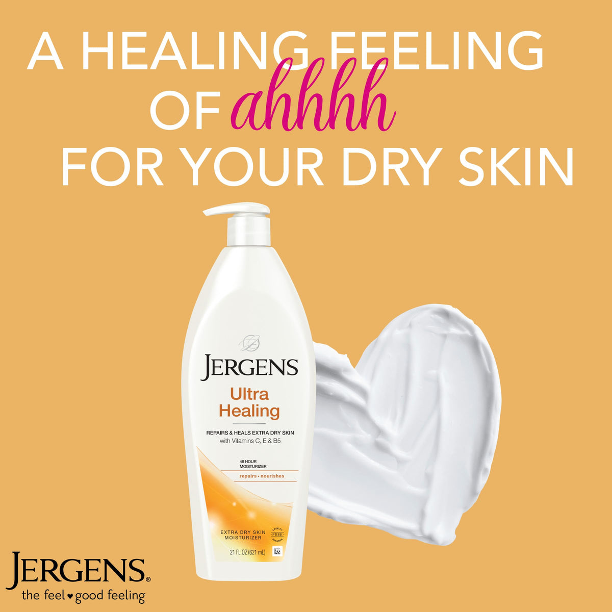 Jergens Ultra Healing Moisturizer with a towel and bath accessories