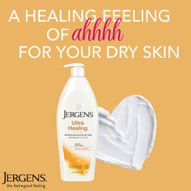 Jergens Ultra Healing Moisturizer with a towel and bath accessories
