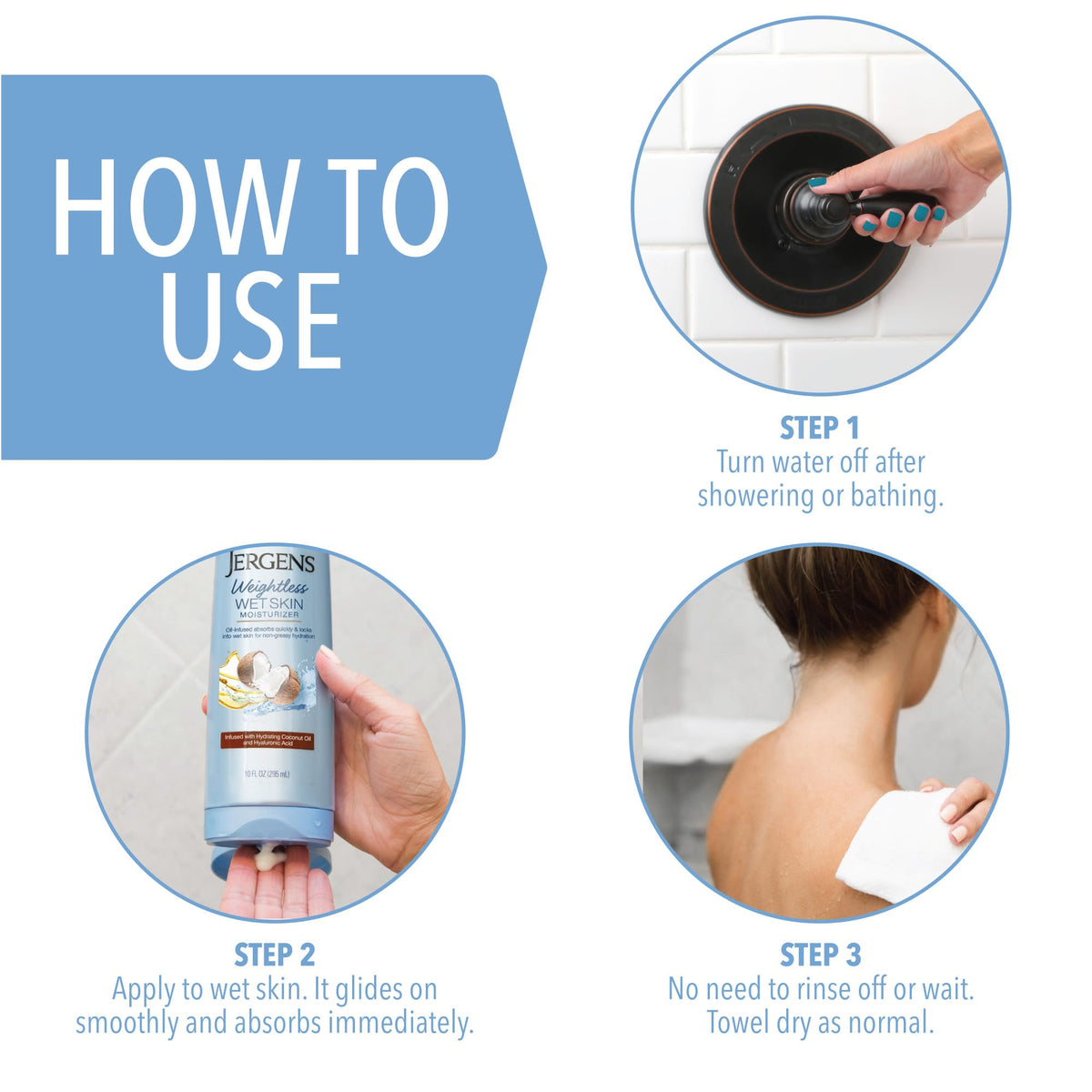 Jergens Wet Skin Body Moisturizer with Coconut Oil in a bathroom setting