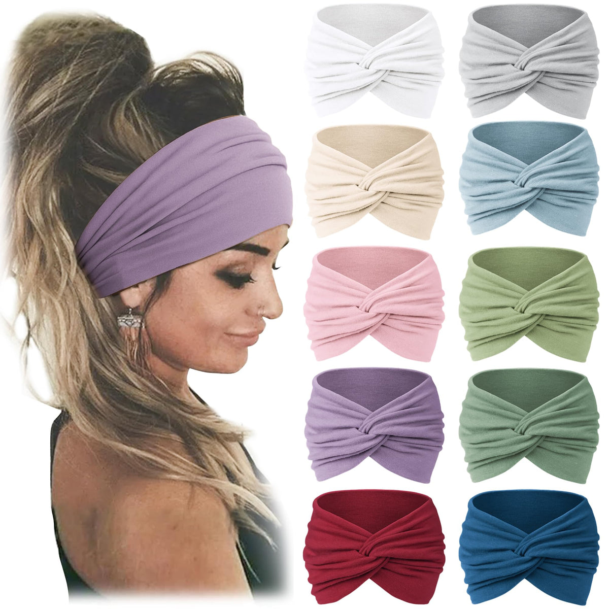 Jesries 10 PCS Extra Wide Turban Headbands in assorted colours
