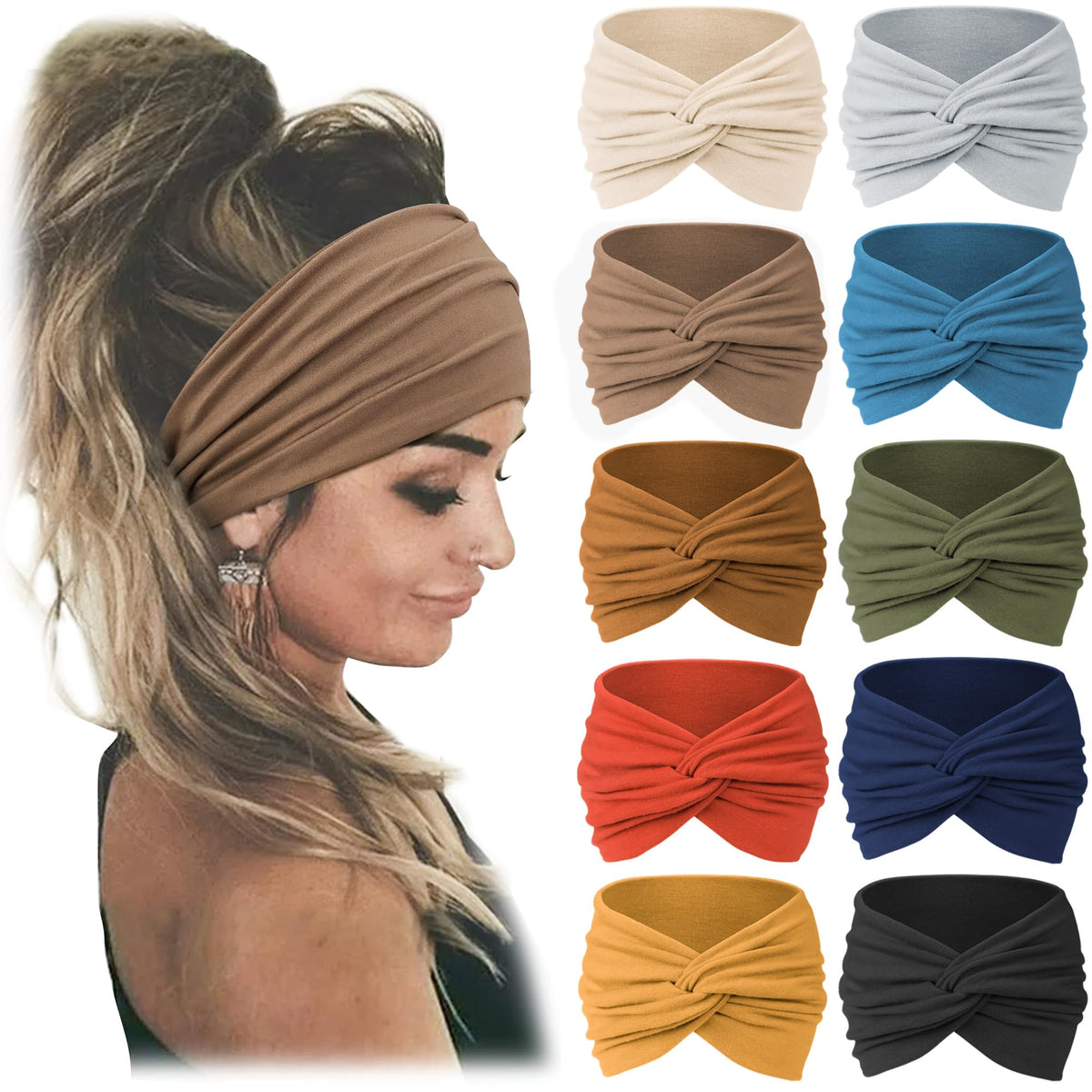 Jesries 10 PCS Extra Wide Turban Headbands in assorted colours