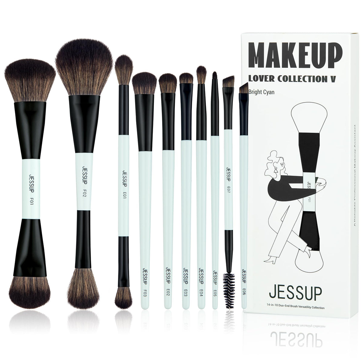 Jessup 10pcs Dual-End Makeup Brush Set in bright cyan