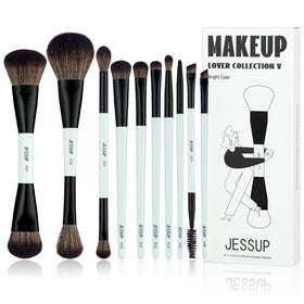 Jessup 10pcs Dual-End Makeup Brush Set in bright cyan