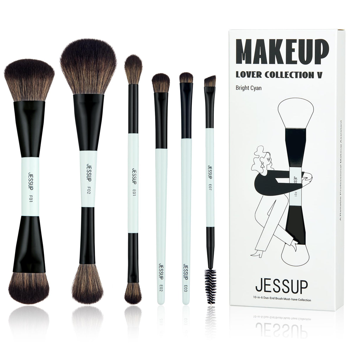 Jessup 6pcs Vegan Makeup Brush Set with Bright Cyan handles