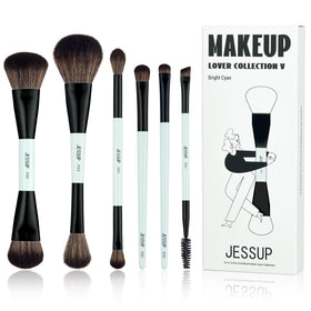 Jessup 6pcs Vegan Makeup Brush Set with Bright Cyan handles