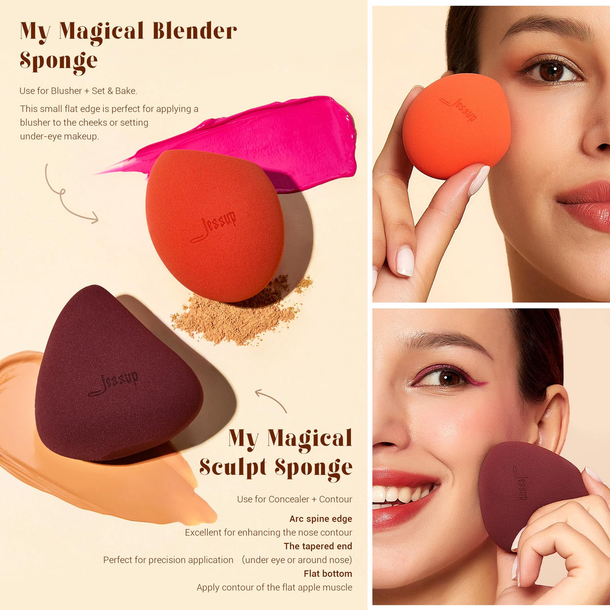 Jessup brushes and sponges arranged for a beauty routine