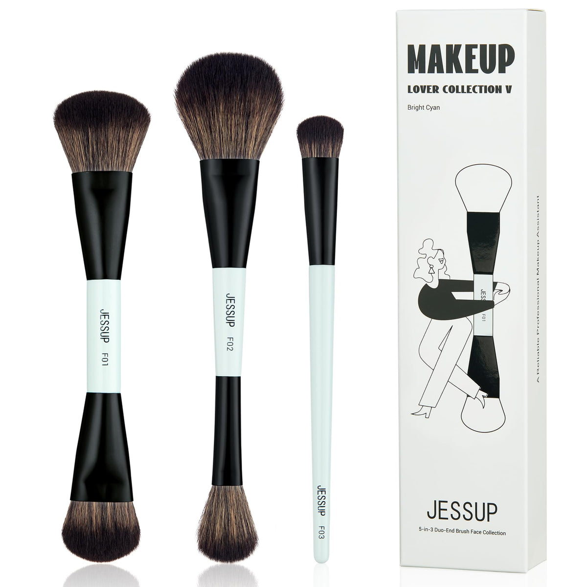 Jessup Face Makeup Brushes Set 3pcs in bright cyan
