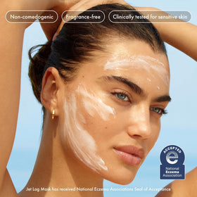 Jet Lag Mask applied to a model's face for hydration