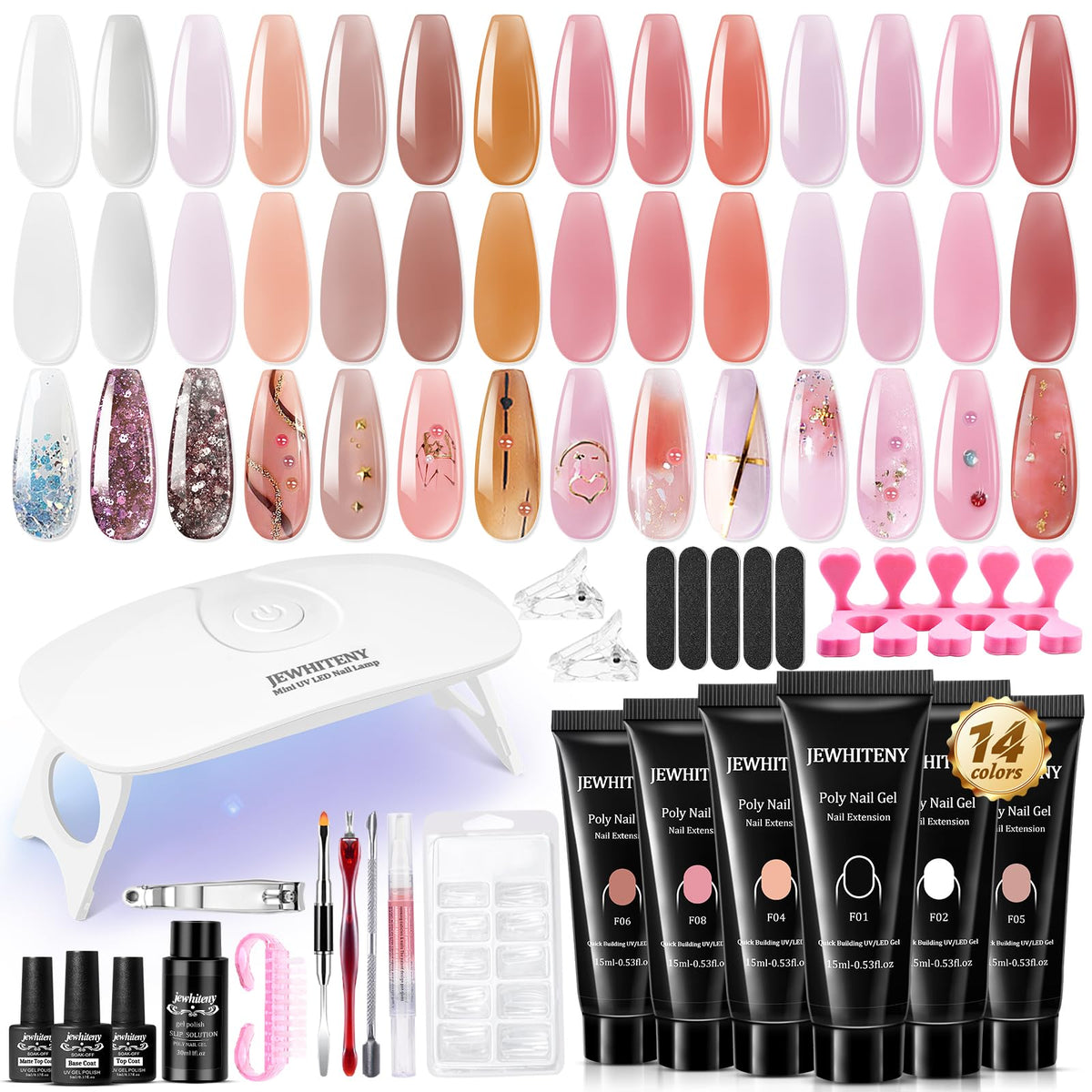 JEWHITENY Poly Nail Gel Kit 14 PCS with mini lamp and tools
