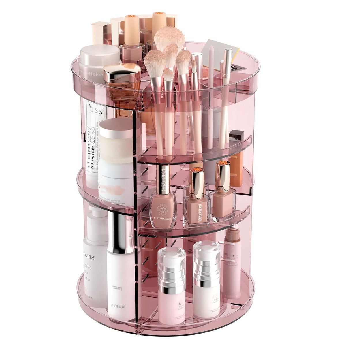 Jiavarry 360 Rotating Makeup Organizer front view in pink
