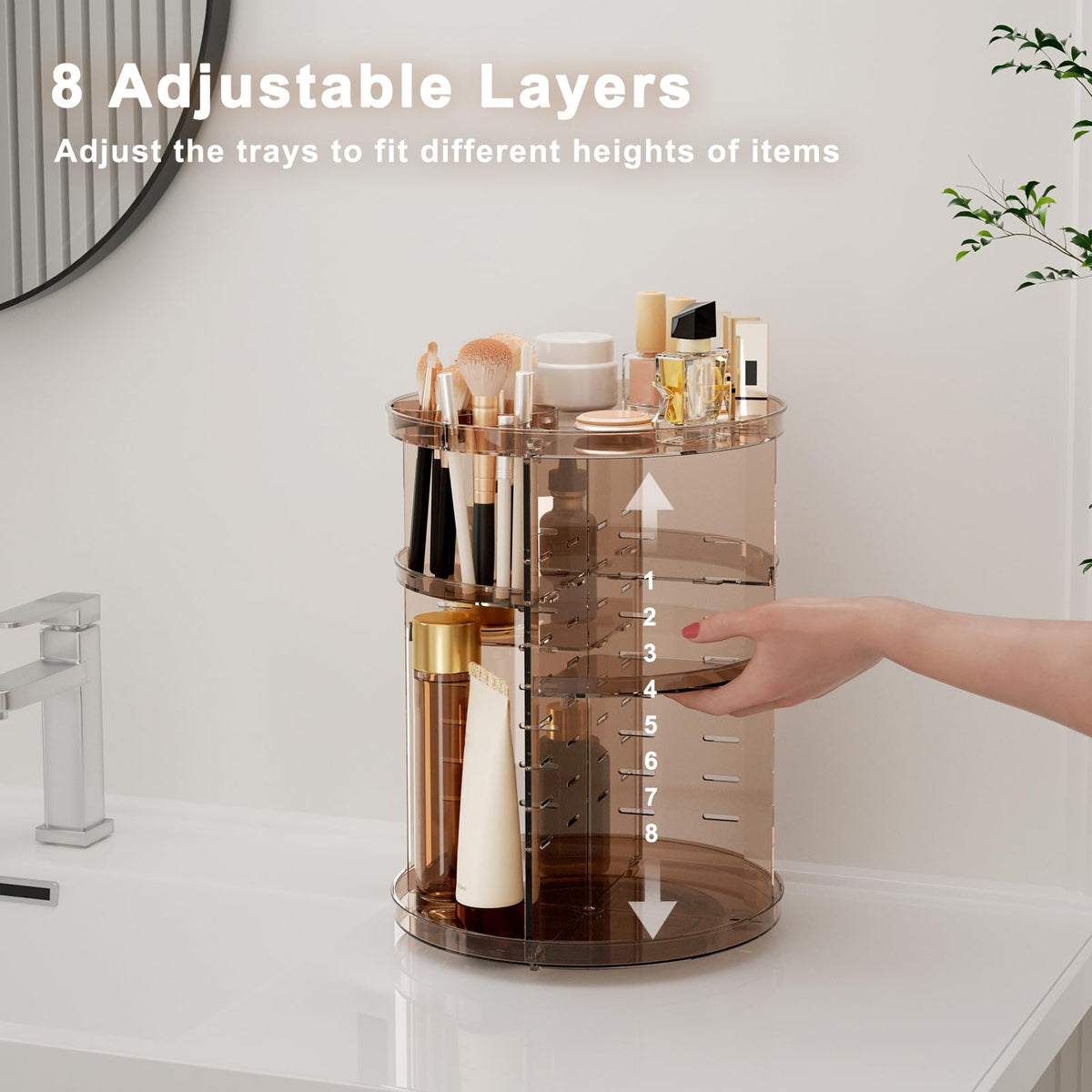 Jiavarry Rotating Makeup Organizer in a bathroom setting