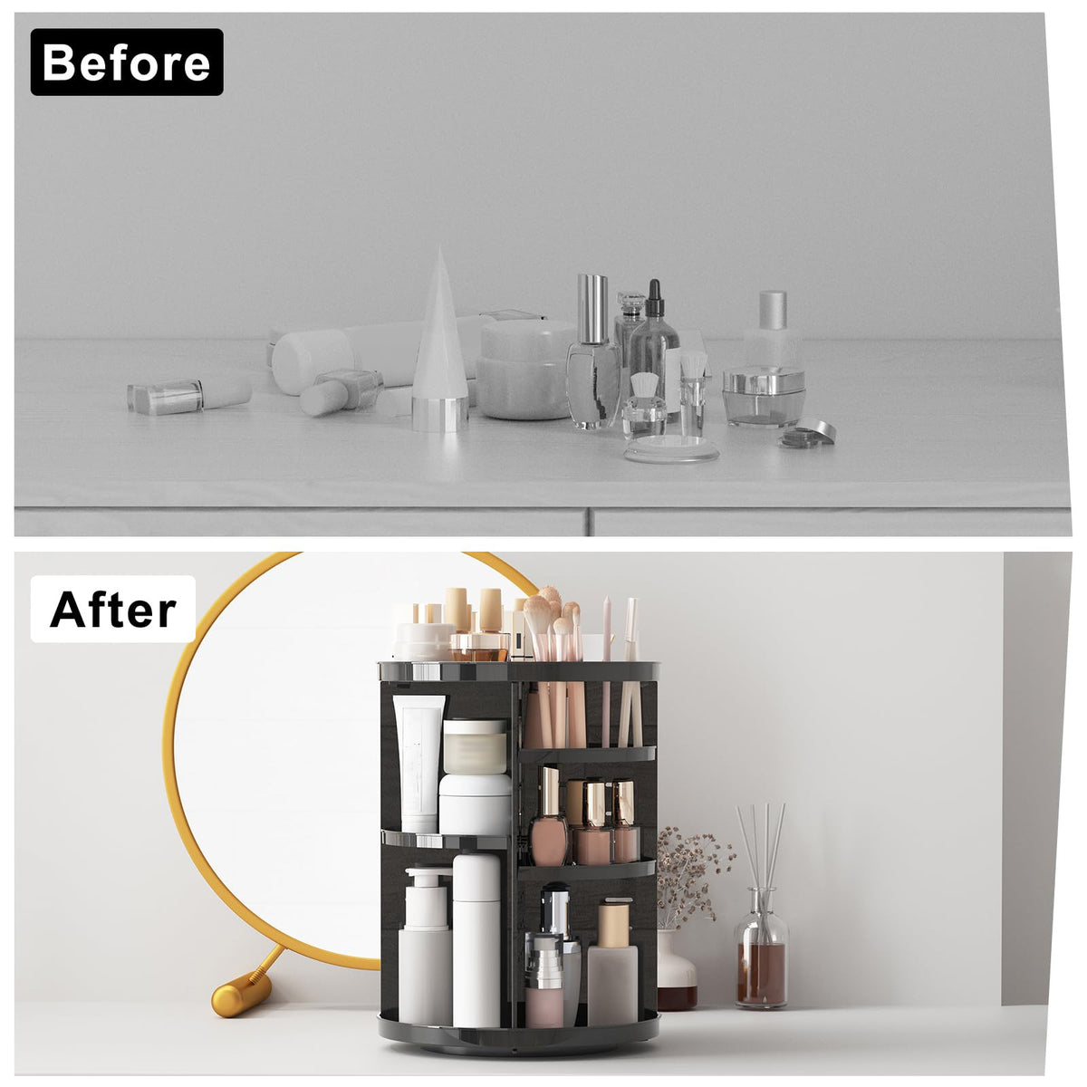 Jiavarry Rotating Makeup Organizer in a bathroom setting