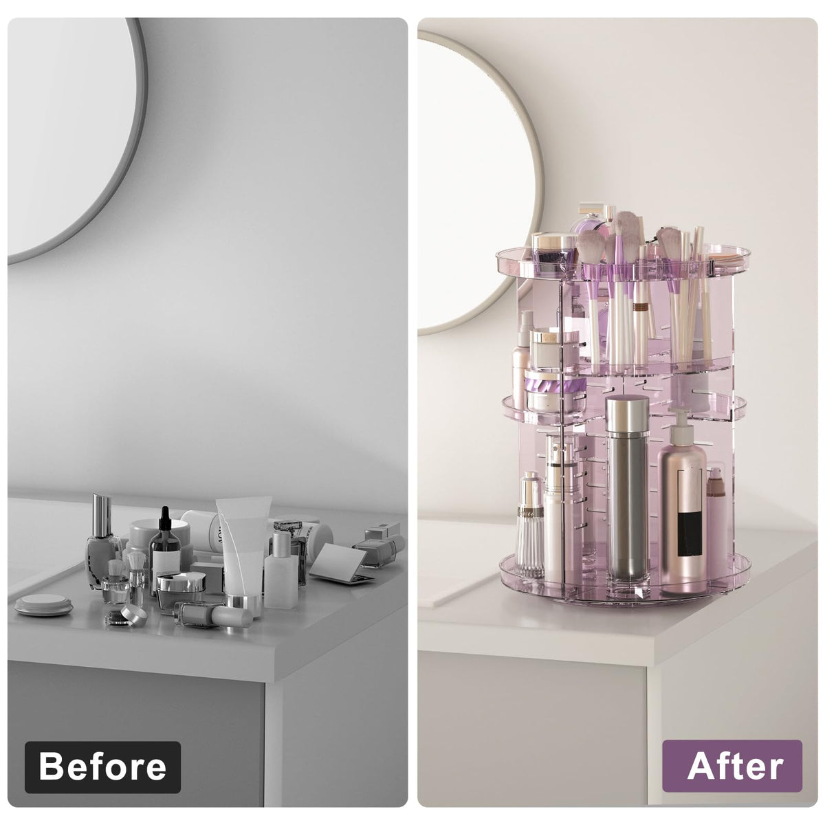 Jiavarry Rotating Makeup Organizer on a bathroom countertop