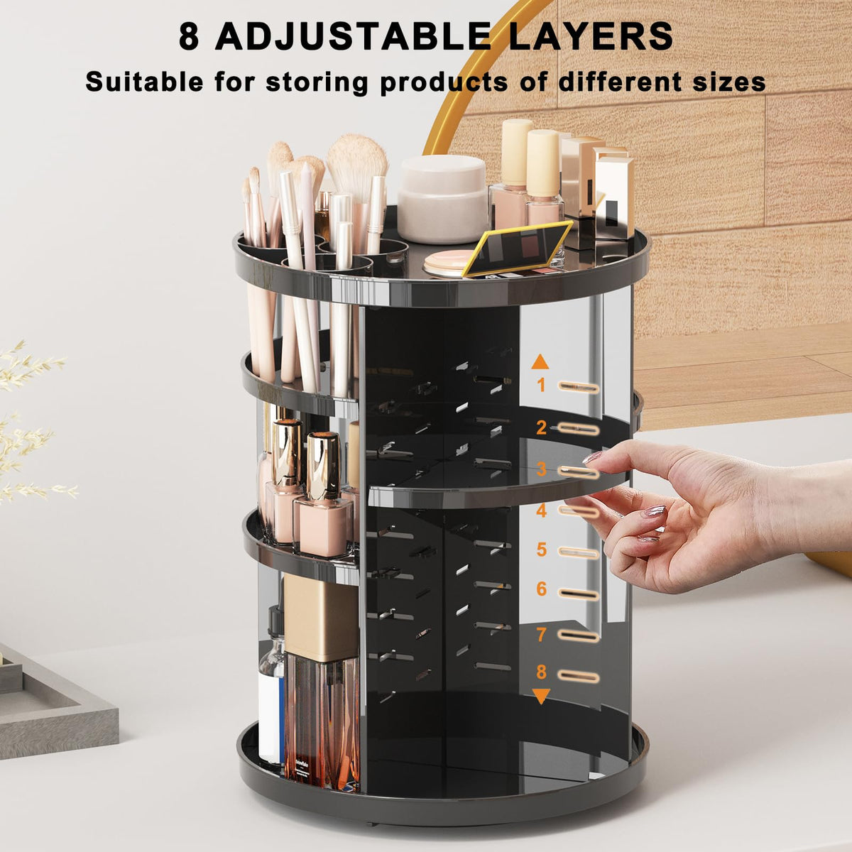 Jiavarry Rotating Makeup Organizer side view showcasing storage compartments