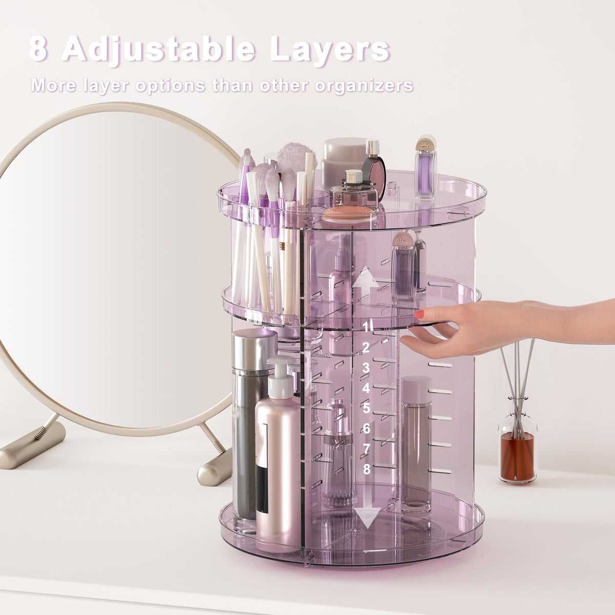 Jiavarry Rotating Makeup Organizer side view showing compartments