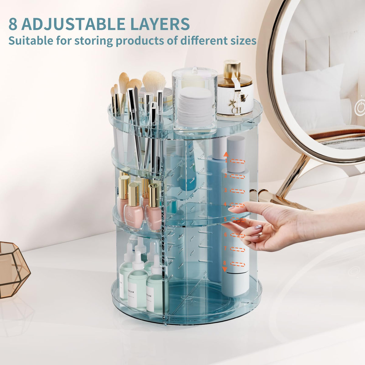 Jiavarry Rotating Makeup Organizer side view showing storage compartments