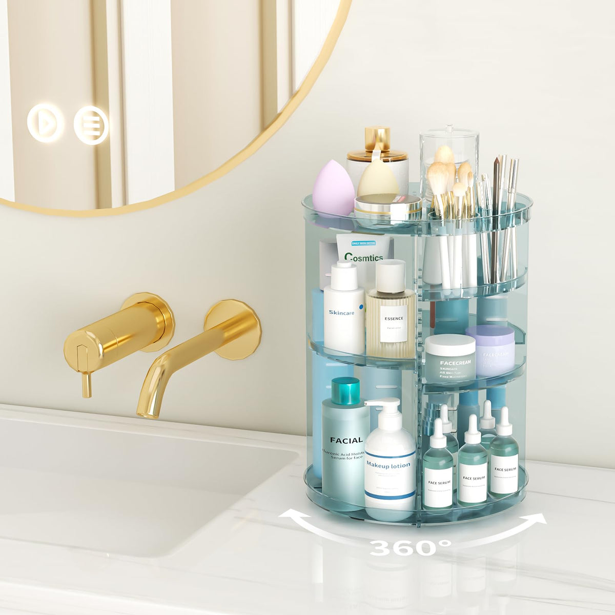 Jiavarry Rotating Makeup Organizer top view with brushes and perfumes