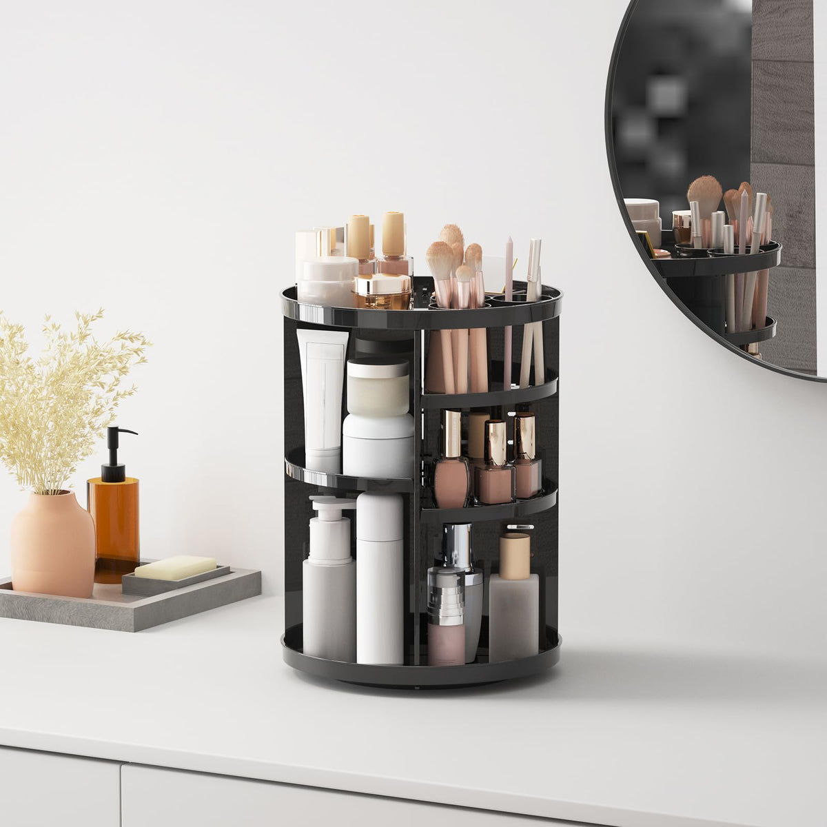 Jiavarry Rotating Makeup Organizer with all components visible
