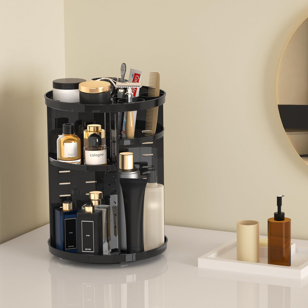 Jiavarry Rotating Makeup Organizer with makeup brushes and perfume bottles