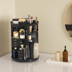 Jiavarry Rotating Makeup Organizer with makeup brushes and perfume bottles