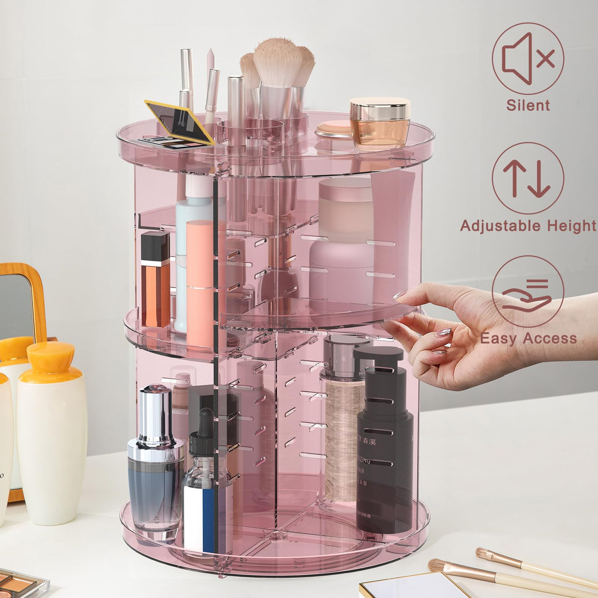 Jiavarry Rotating Makeup Organizer with makeup brushes and skincare products