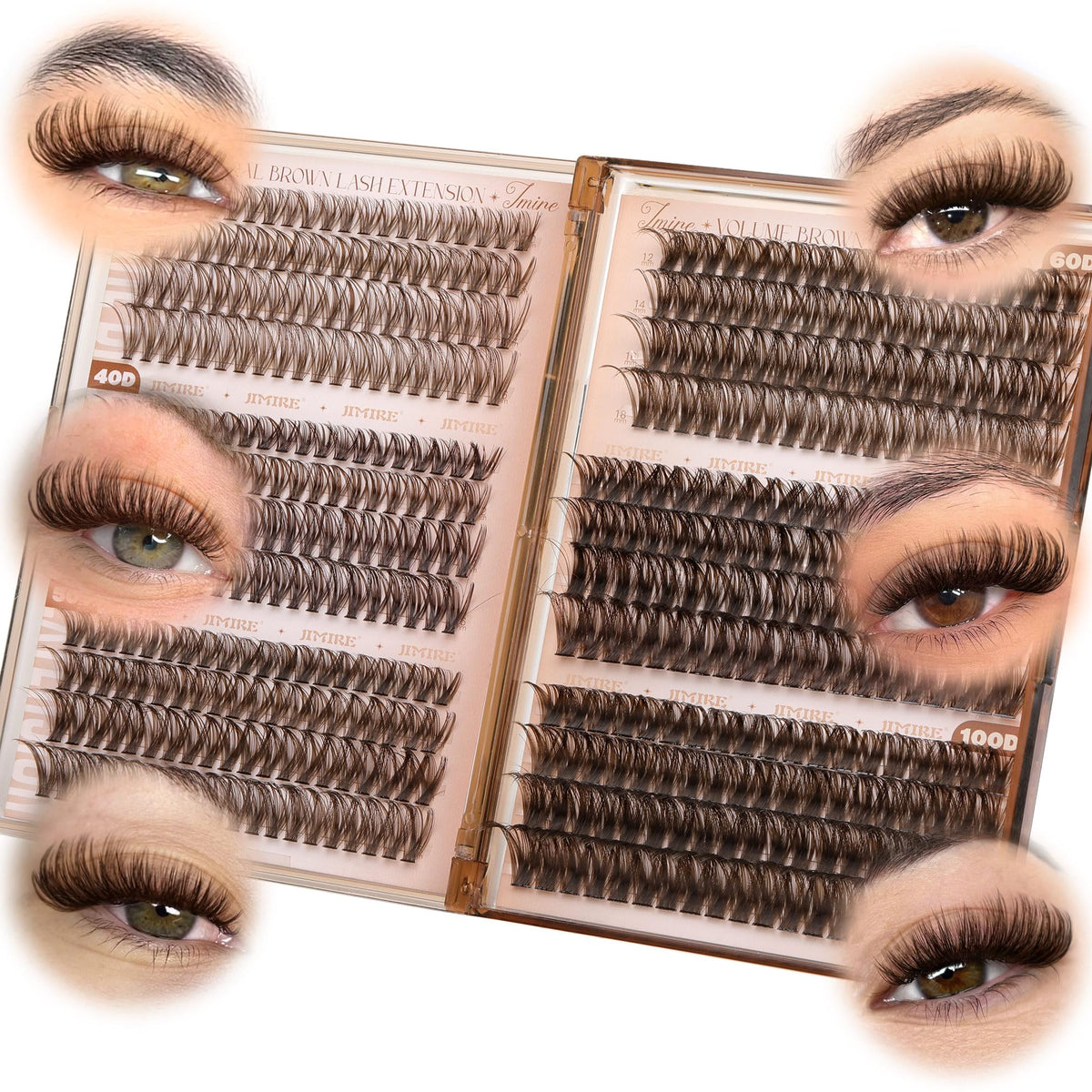 JIMIRE Brown Lash Clusters displayed with varying lengths